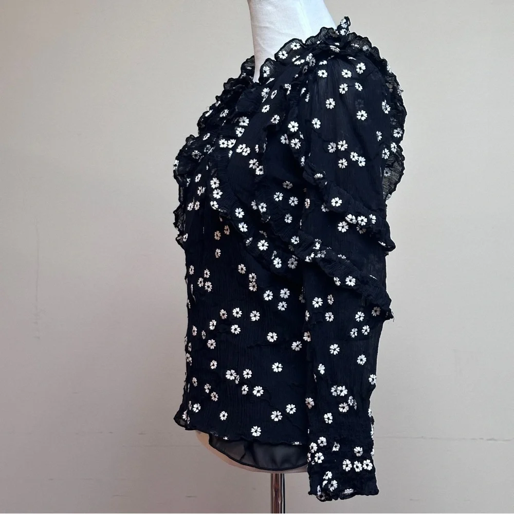 Rebecca Taylor Black & White Alessandra Ruffle Top Size 0 - Picture 5 of 15